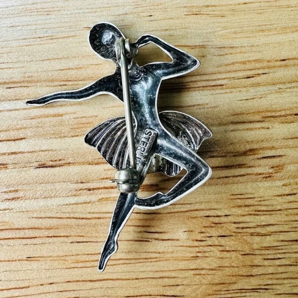 VTG Brooch Pin 1.5 Inch Ballerina‎ Dancer Art Deco MCM 925 Sterling Silver 3.2g